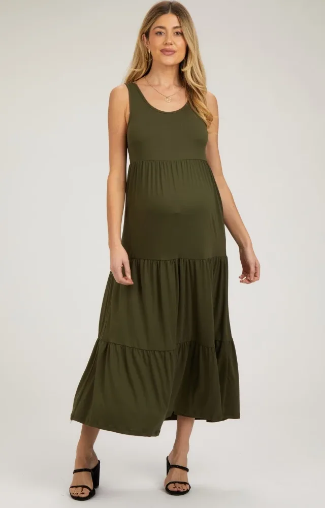 Olive Sleeveless Scoop Back Tiered Maternity Maxi Dress