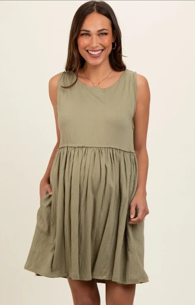 Olive Sleeveless Textured Maternity Dress