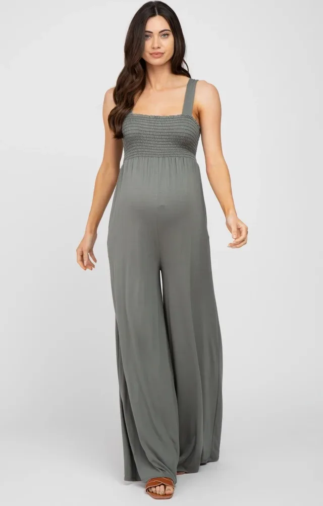 Olive Sleeveless Wide Leg Maternity Jumpsuit