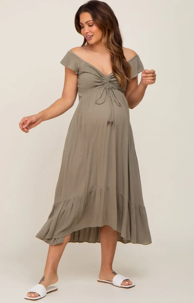 Olive Smocked Ruched Ruffle Hem Maternity Maxi Dress