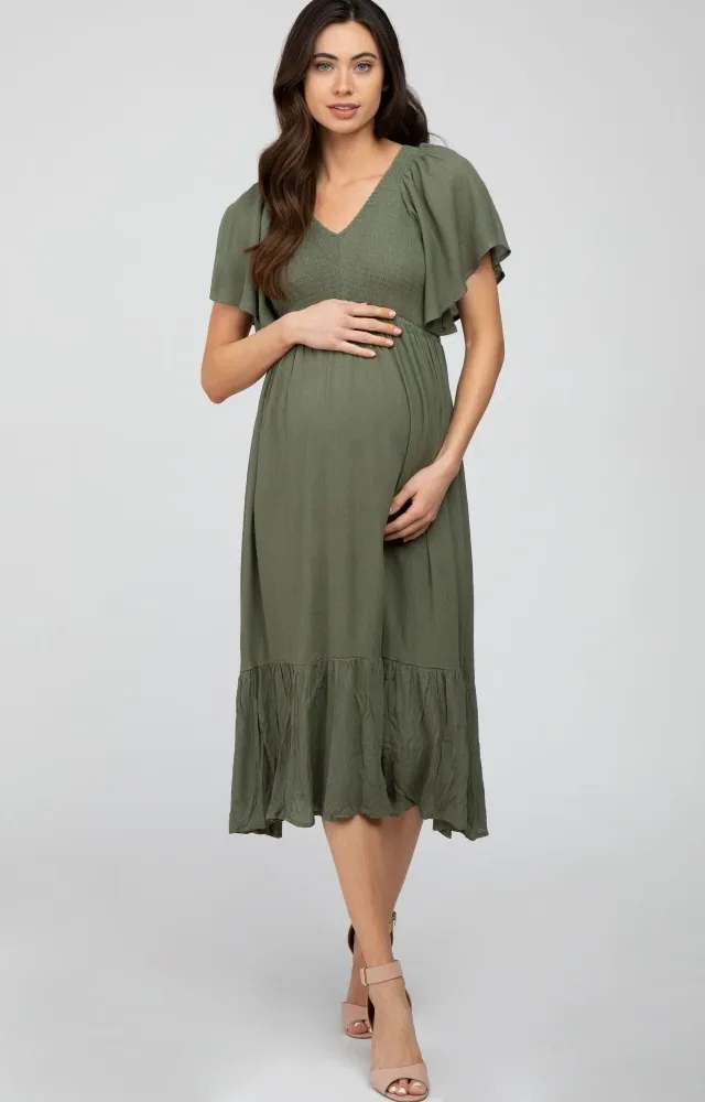 Olive Smocked Ruffle Maternity Dress