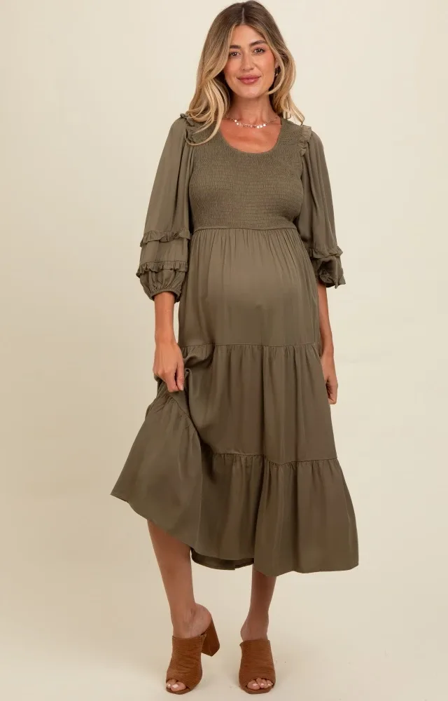 Olive Smocked Ruffle Shoulder Tiered Maternity Midi Dress