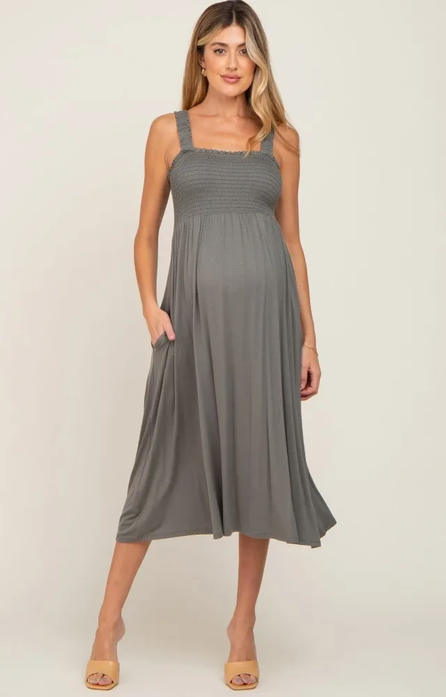 Olive Smocked Ruffle Strap Maternity Midi Dress