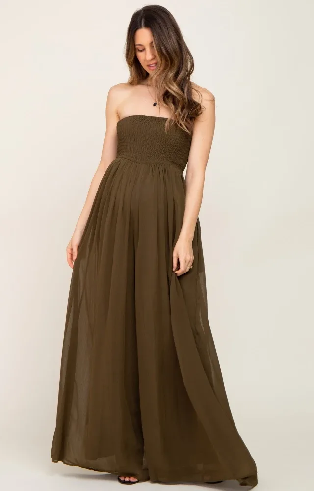 Olive Smocked Strapless Wide Leg Maternity Jumpsuit