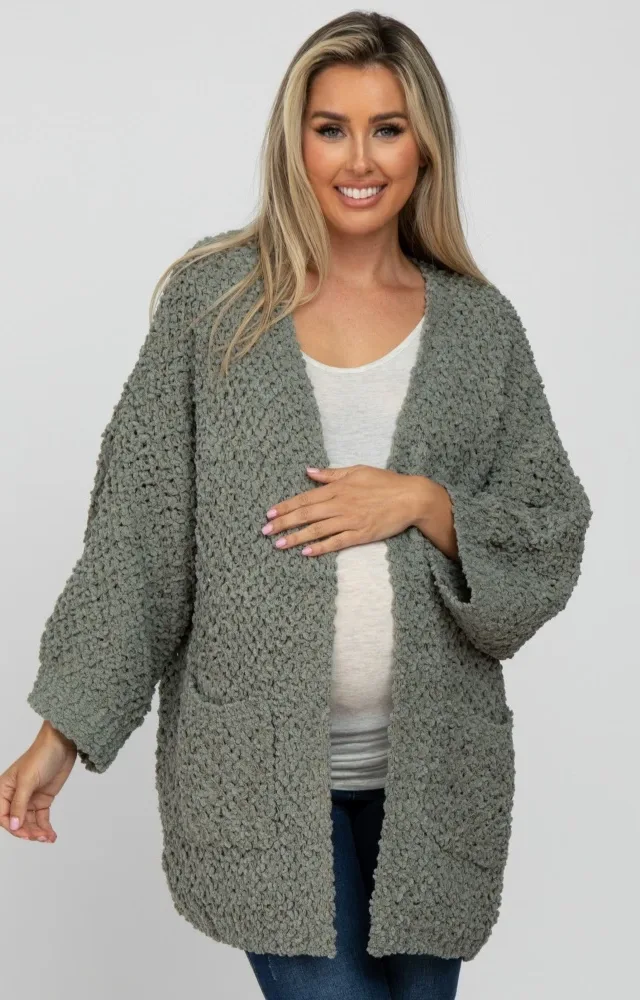 Olive Soft Popcorn Knit Maternity Cardigan