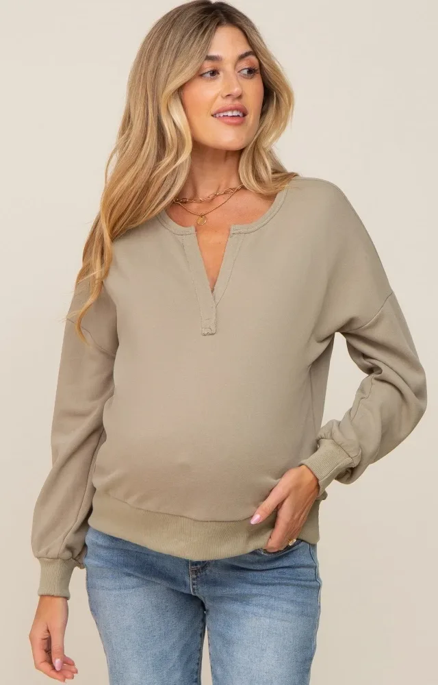 Olive Split V-Neck Long Sleeve Maternity Sweatshirt