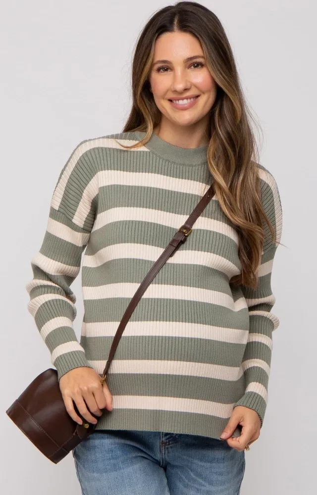 Olive Striped Ribbed Long Sleeve Maternity Top