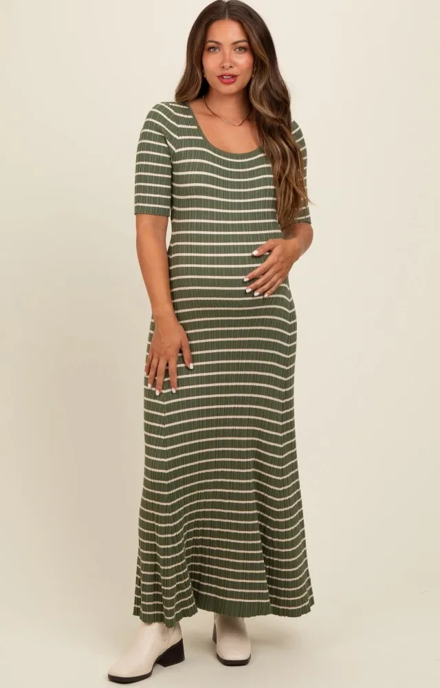 Olive Striped Ribbed Short Sleeve Maternity Maxi Dress