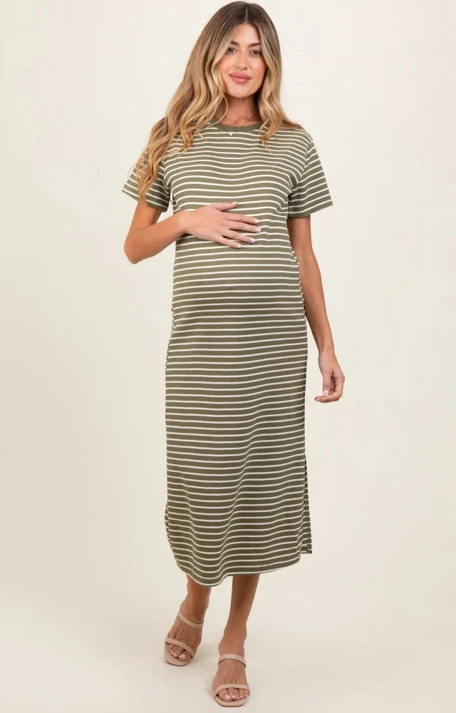 Olive Striped Short Sleeve Side Slit Maternity T-Shirt Midi Dress