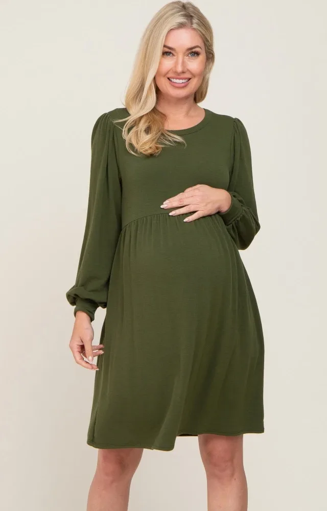 Olive Terry Knit Long Sleeve Maternity Dress