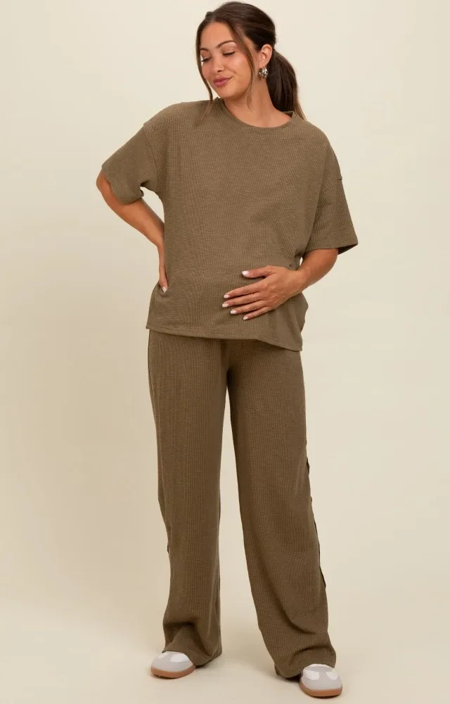 Olive Textured Knit Oversized Tee And Pants Maternity Set