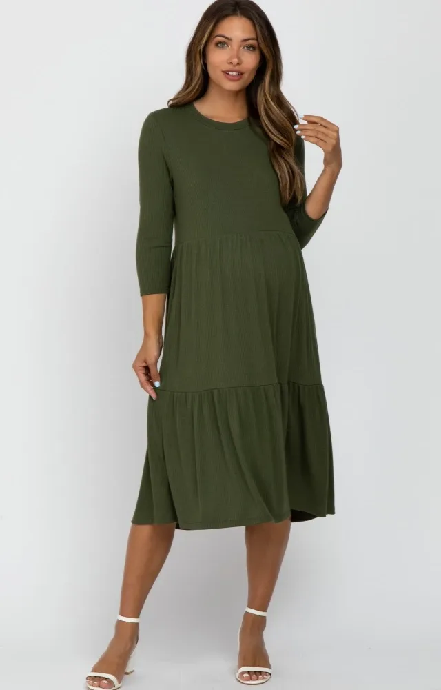 Olive Tiered Ribbed 3/4 Sleeve Maternity Midi Dress