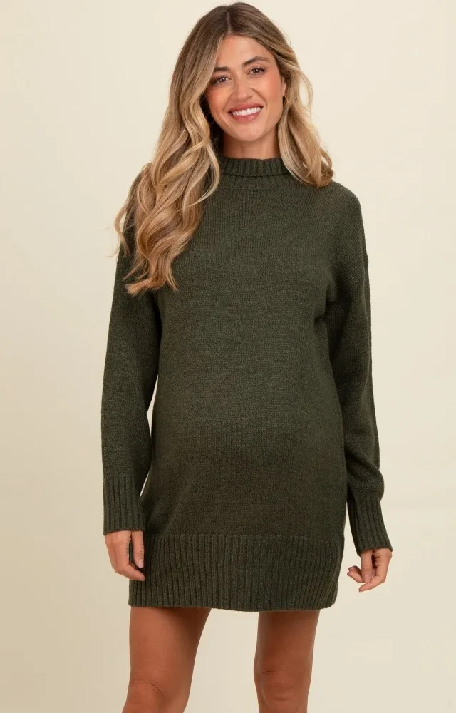 Olive Turtle Neck Maternity Mini Sweater Dress