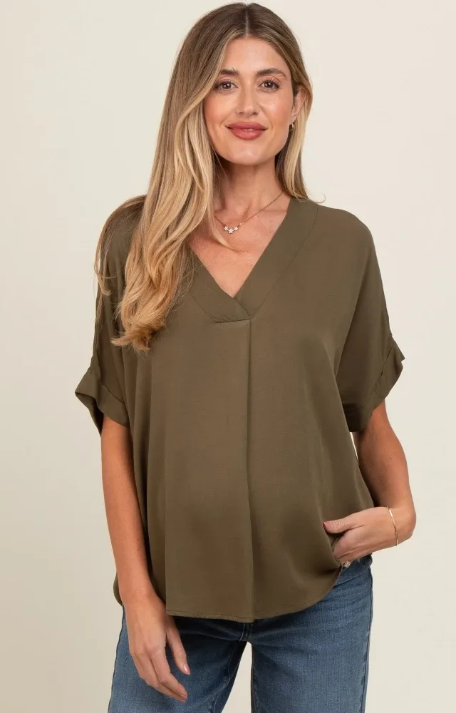 Olive V-Neck Pin-Tuck Detail Maternity Top