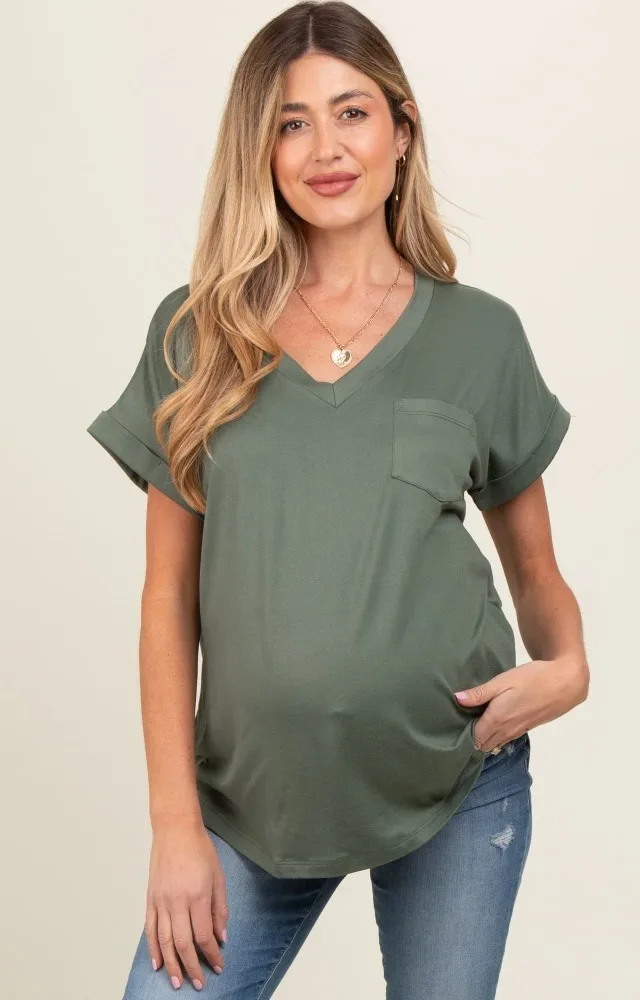 Olive V-Neck Pocket Short Sleeve Maternity Shirt