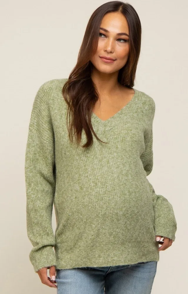 Olive V-Neck Relaxed Fit Maternity Sweater