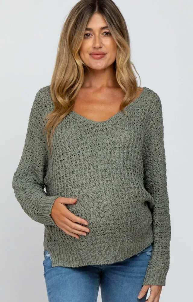 Olive V-Neck Side Slit Thick Knit Maternity Sweater