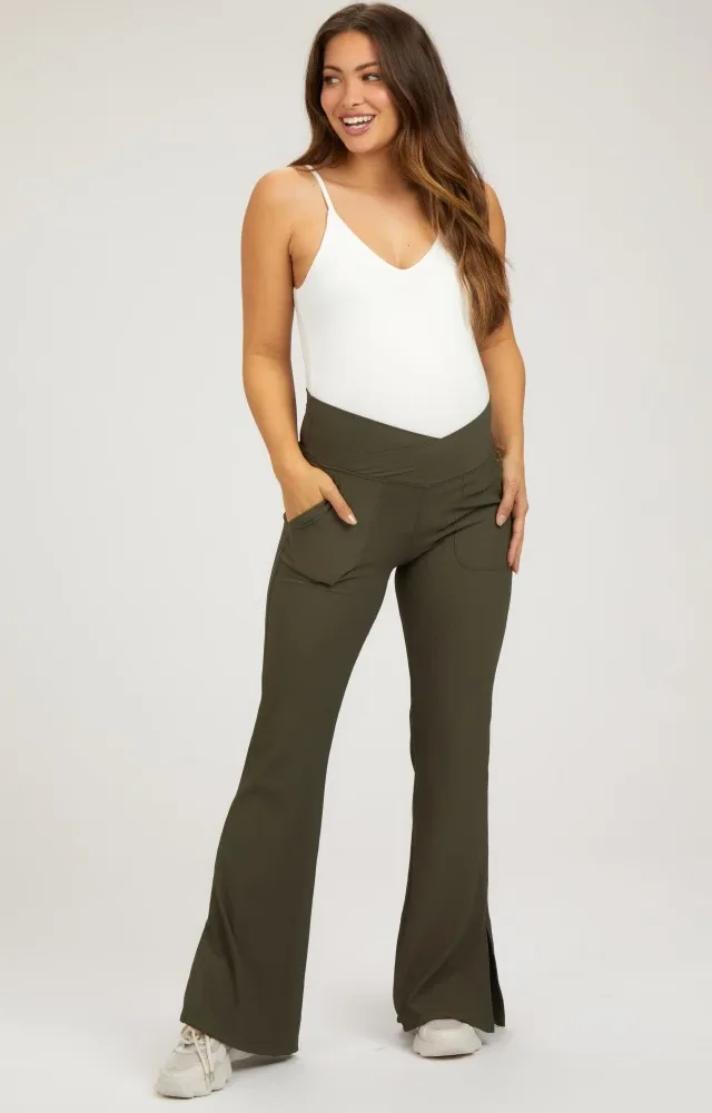 Olive V-Waist Ribbed Bootcut Maternity Leggings