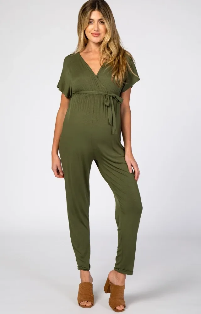 Olive Wrap Tie Maternity Jumpsuit