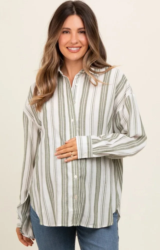 Olive Yarn Dye Stripe Button Down Maternity Top