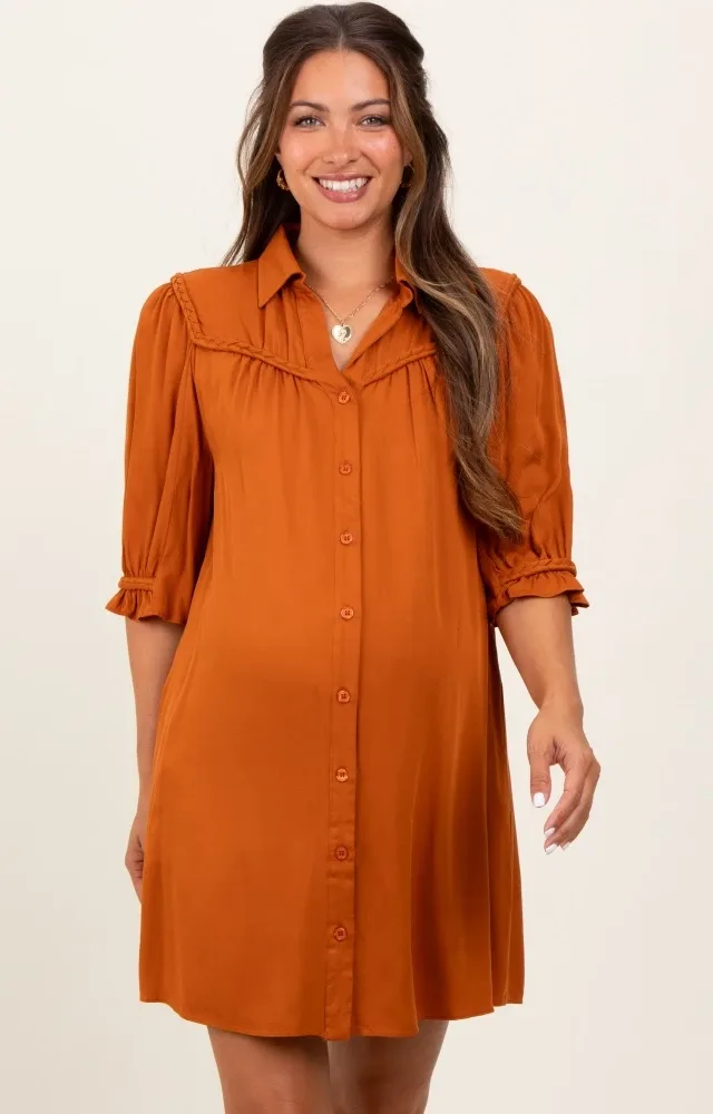 Orange Braided Trim Detail Button Down Maternity Dress