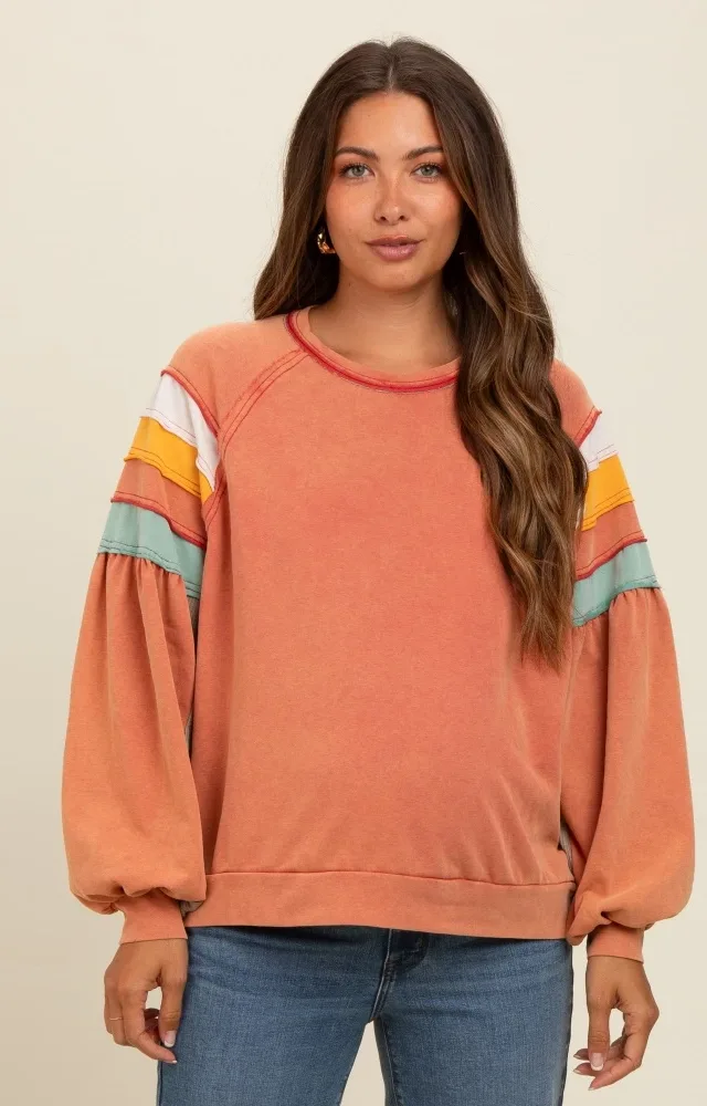 Orange Colorblock Bubble Sleeve Maternity Pullover