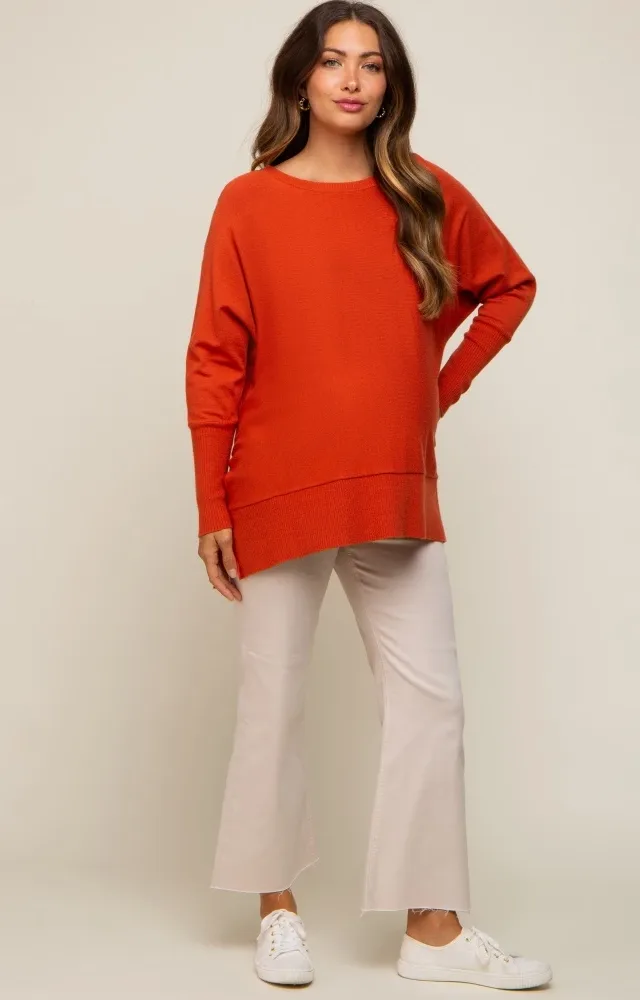 Orange Dolman Sleeve Side Slit Maternity Sweater