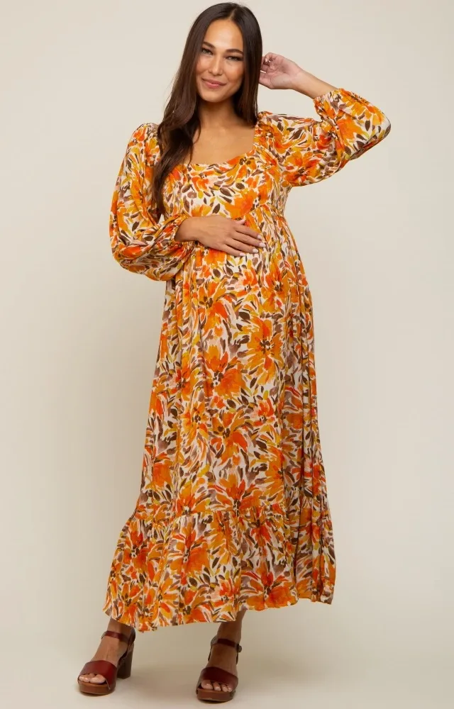 Orange Floral 3/4 Sleeve Maternity Midi Dress