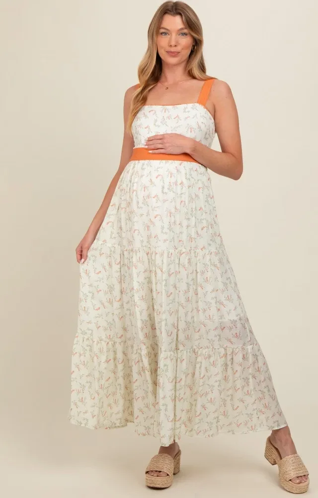 Orange Floral Contrast Sash Tie Maternity Maxi Dress