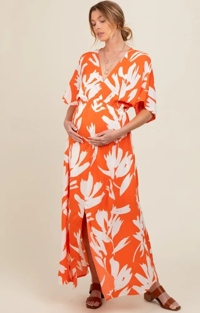 Orange Floral Double V-Neck Front Slit Maternity Maxi Dress