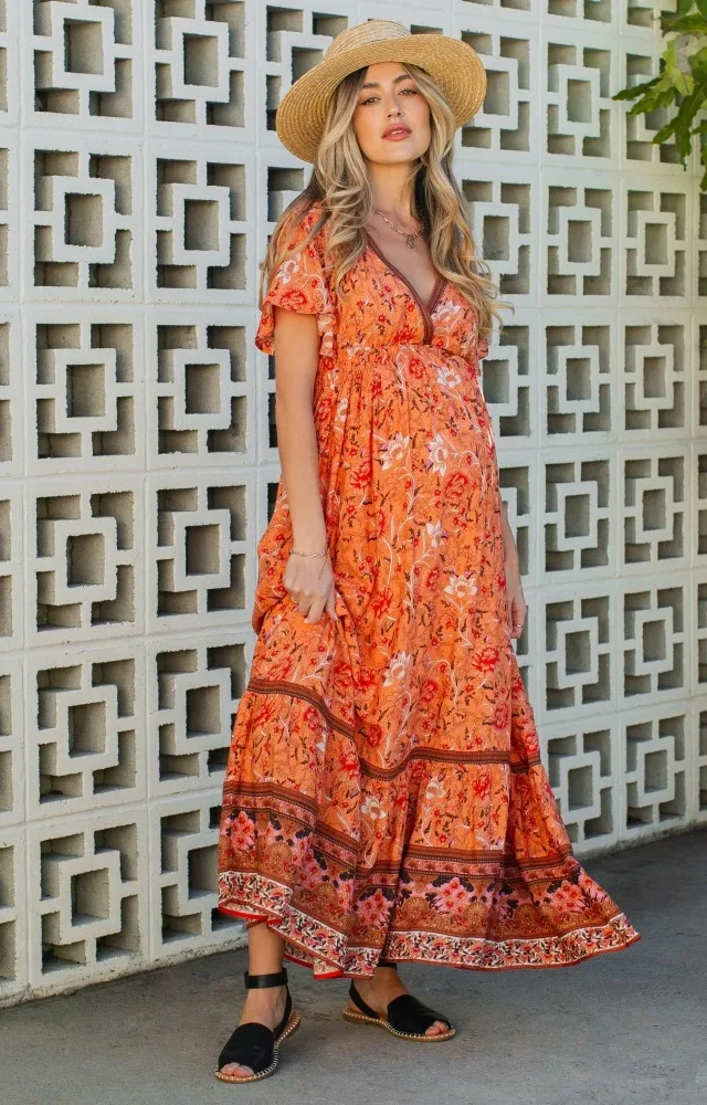 Orange Floral Flounce Sleeve Maternity Maxi Dress