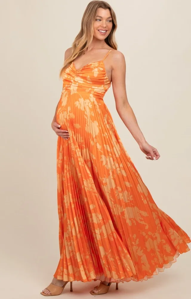 Orange Floral Pleated Satin Maternity Maxi Dress