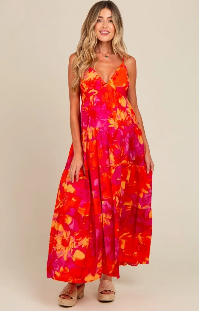 Orange Floral Print Tiered Maternity Dress