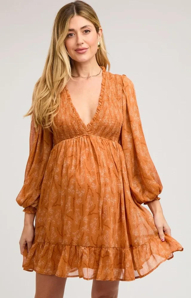 Orange Floral Smocked Long Sleeve Maternity Dress