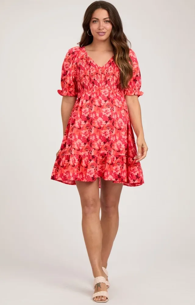 Orange Floral Smocked V-Neck Ruffle Maternity Dress