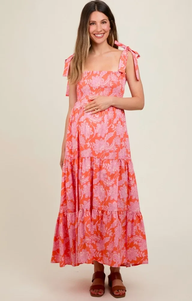 Orange Floral Tiered Shoulder Tie Maternity Dress