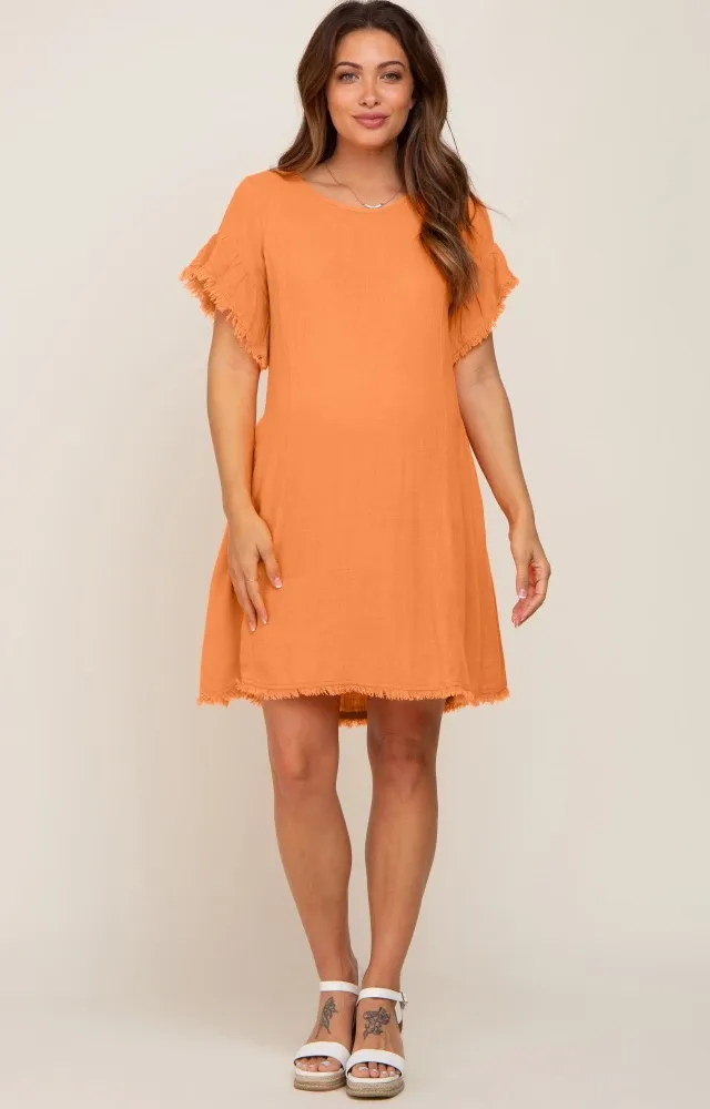 Orange Frayed Trim Back Keyhole Linen Maternity Dress