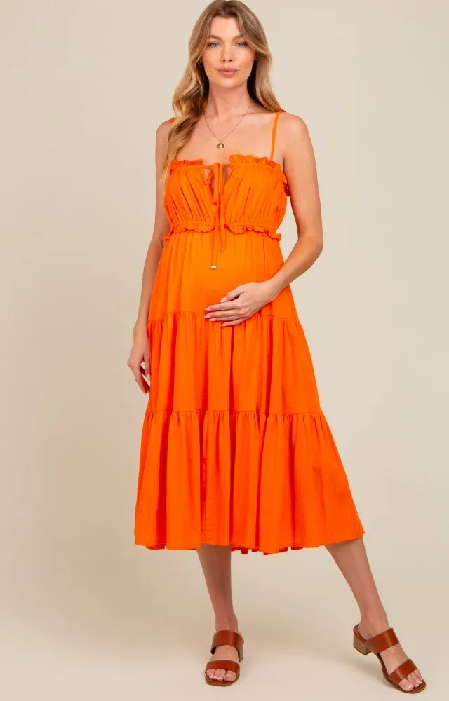 Orange Front Tie Cutout Tiered Maternity Midi Dress