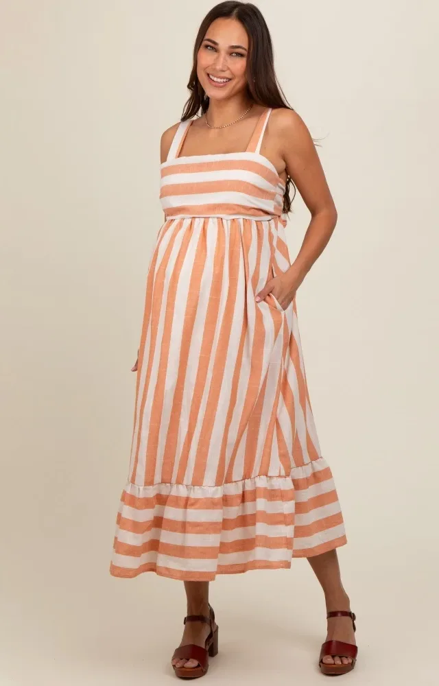 Orange Linen Striped Tie Back Maternity Midi Dress