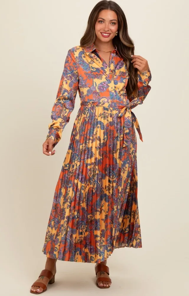 Orange Paisley Print Pleated Button Down Maternity Midi Dress