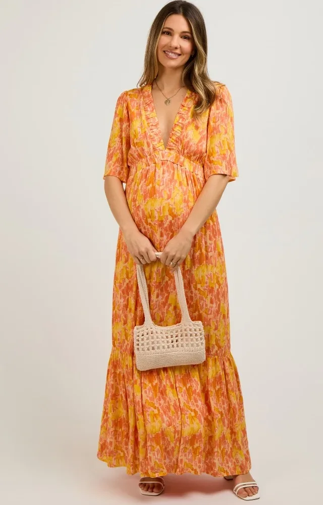 Orange Print Back Cutout Maternity Maxi Dress