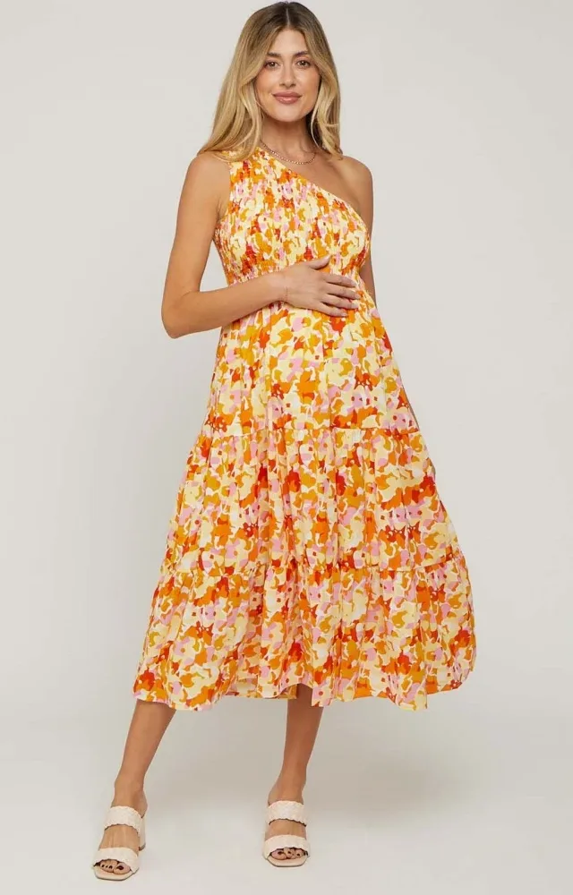 Orange Print Smocked One Shoulder Maternity Midi Dress