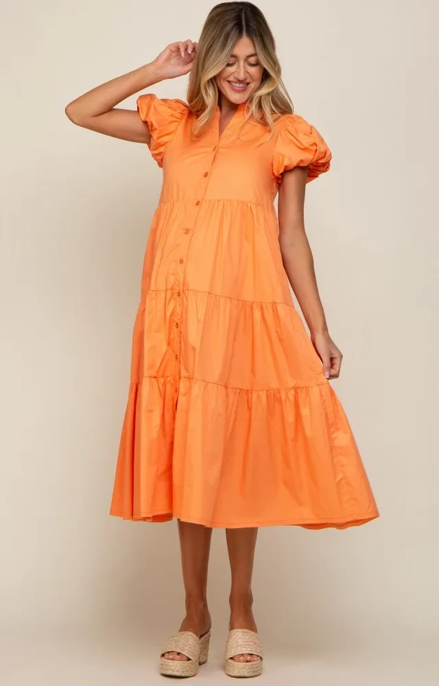 Orange Puff Sleeve Button Down Maternity Midi Dress