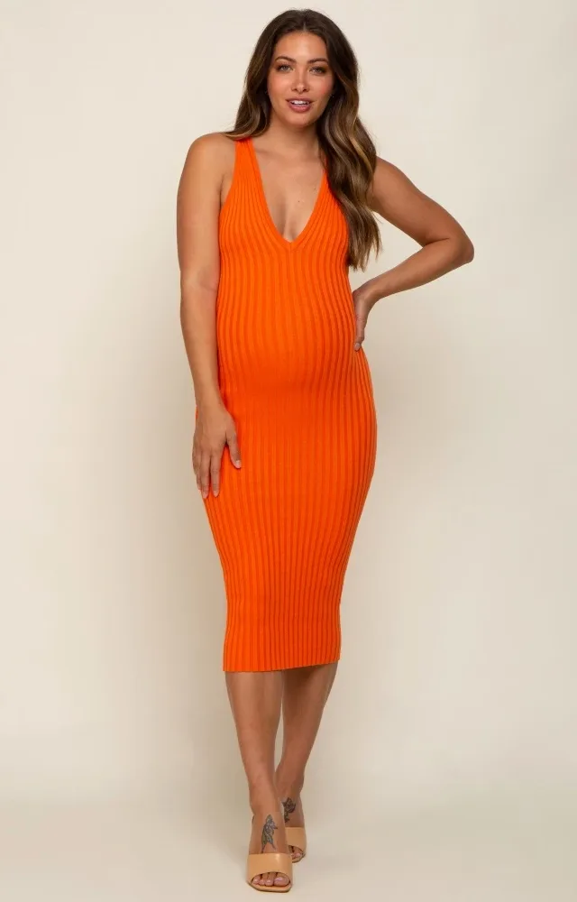 Orange Ribbed Knit Fitted V-Neck Maternity Midi Dress