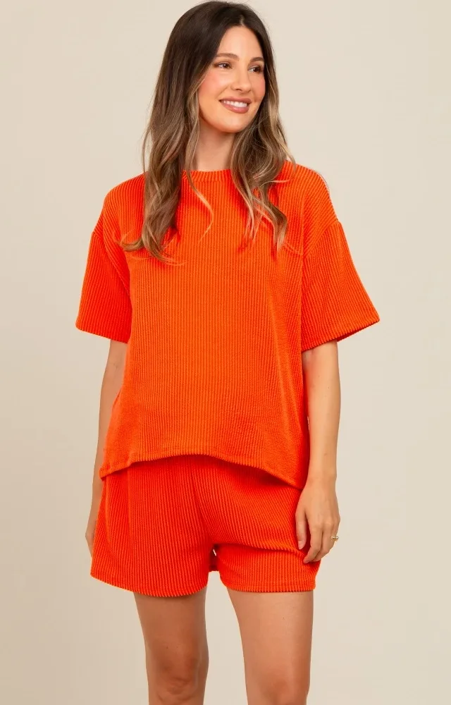 Orange Ribbed Maternity Shorts Set