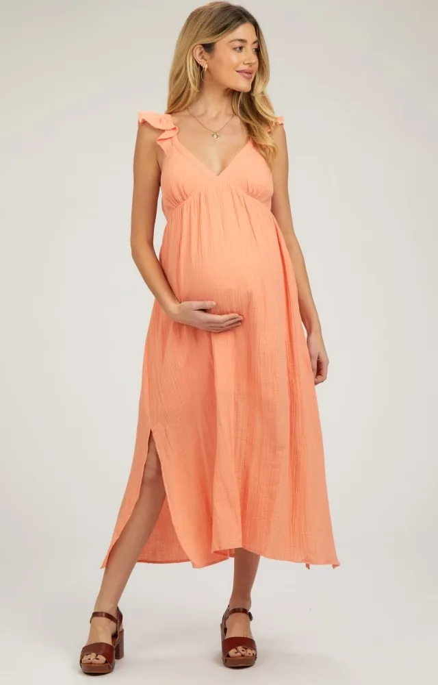 Orange Ruffle Strap Maternity Midi Dress