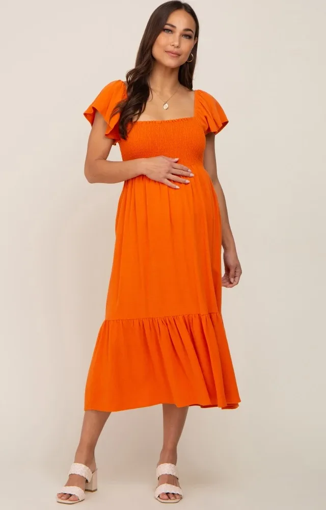 Orange Smocked Ruffle Hem Maternity Midi Dress