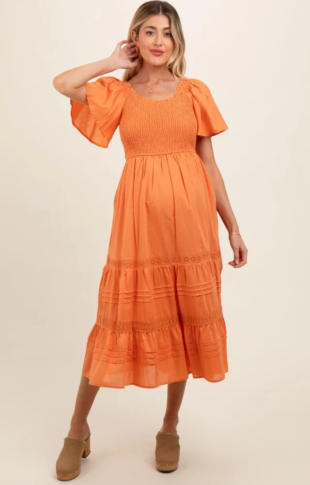 Orange Smocked Short Sleeve Maternity Midi Dress