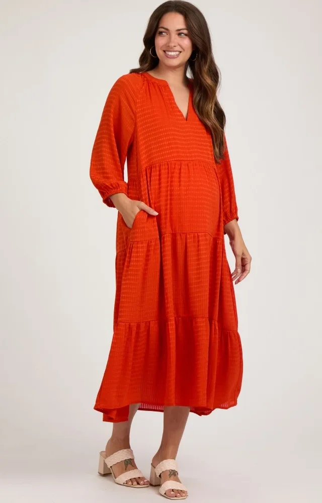 Orange Textured Tiered Maternity Midi Dress