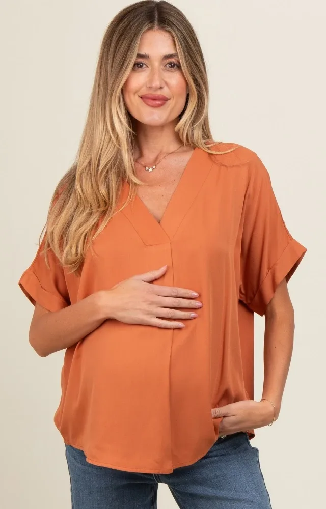 Orange V-Neck Pin-Tuck Detail Maternity Top